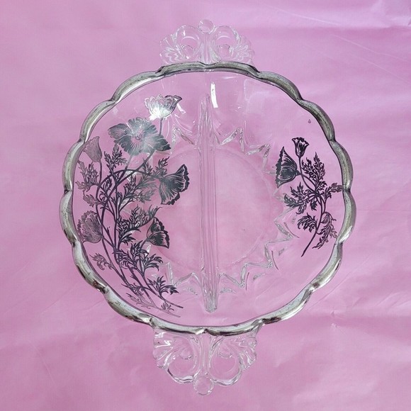 Vintage 2 Part Divided Relish Dish Poppies Silver Overlay Silver City Flanders - Picture 1 of 12